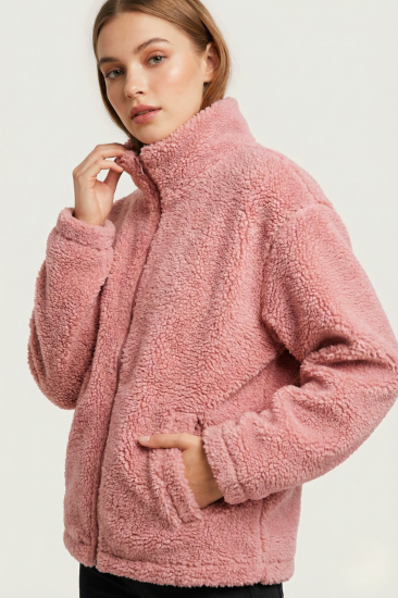Kadın Peluş Tam Fermuarlı Cepli Sherpa Kuzu Kumaş Oversize Peluş Polar Sweatshirt-Pembe