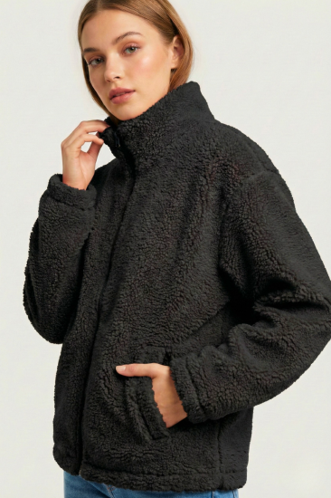 Kadın Peluş Tam Fermuarlı Cepli Sherpa Kuzu Kumaş Oversize Peluş Polar Sweatshirt