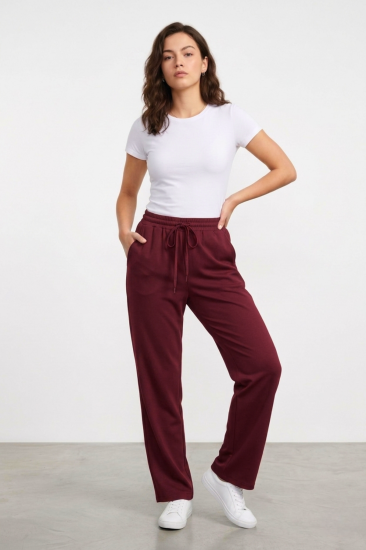 Kadın Pantolon Beli Lastikli Cepli Rahat Kalıp Kadın Spor Pantolon-Mürdüm