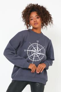 Store Kadın Sweatshirt Içi Polarlı Baskılı Oversize Outdoor Sweatshirt