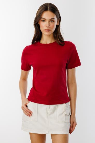 Kadın T-shirt Kısa Kollu Organik Pamuklu Bisiklet Yaka Crop T-shirt KADIN-T-SHIRT-Bordo