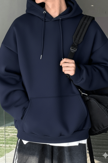 Genius Store Erkek Sweatshirt Kanguru Cepli  İçi Polarlı 3 İplik Kapüşonlu Oversize Sweatshirt KANGURU-SWEATSHIRT-Lacivert