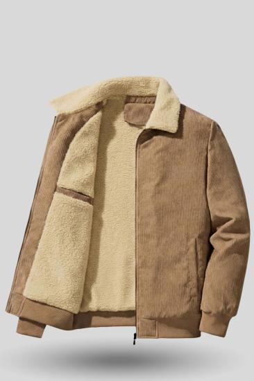 Erkek Kadife Mont Peluş Astarlı Tam Fermuarlı Gömlek Yaka Spor Mont-Bej