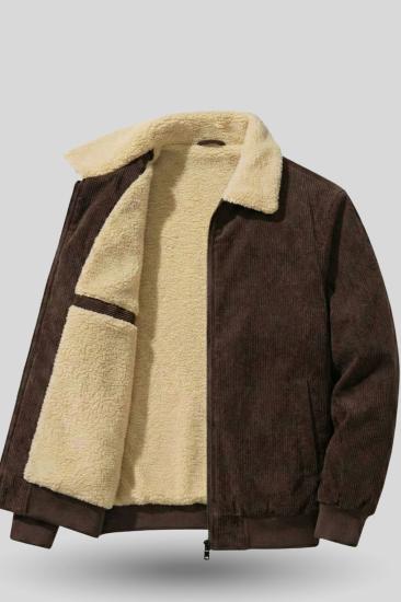 Erkek Kadife Mont Peluş Astarlı Tam Fermuarlı Gömlek Yaka Spor Mont-Kahverengi