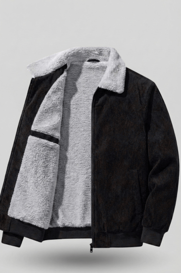 Erkek Kadife Mont Peluş Astarlı Tam Fermuarlı Gömlek Yaka Spor Mont-Siyah