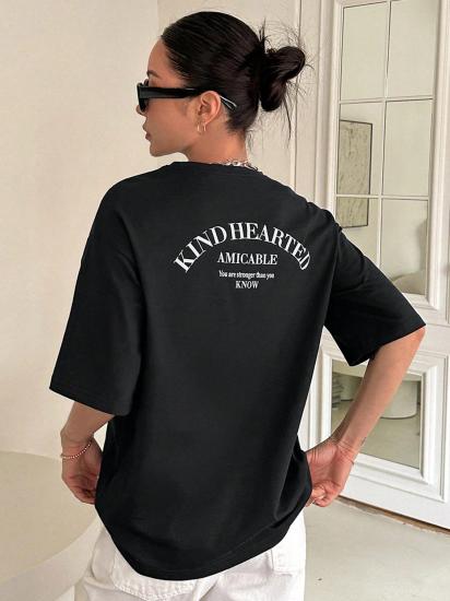 Kadın Oversize T-shirt Pamuklu Baskılı Tişört KİND-OVERSİZE-Siyah