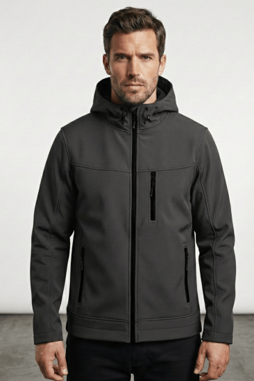 Erkek Mont İçi Polarlı Softshell Mont Su ve Rüzgar Geçirmez Kapüşonlu Spor Mont-Füme