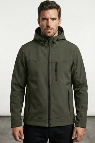 Erkek Mont İçi Polarlı Softshell Mont Su ve Rüzgar Geçirmez Kapüşonlu Spor Mont-Haki