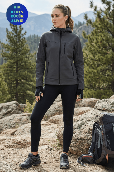 Kadın Mont İçi Polarlı Softshell Mont Su ve Rüzgar Geçirmez Kapüşonlu Spor Mont-Füme