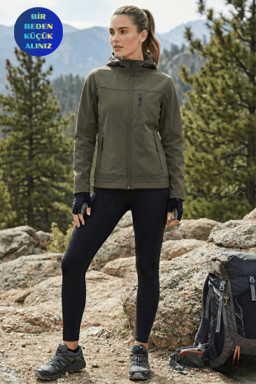Kadın Mont İçi Polarlı Softshell Mont Su ve Rüzgar Geçirmez Kapüşonlu Spor Mont-Haki