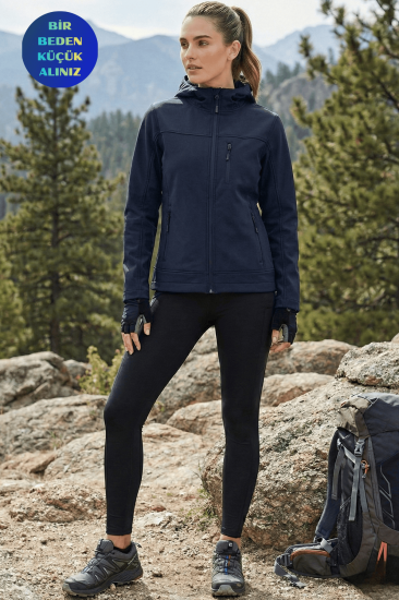 Kadın Mont İçi Polarlı Softshell Mont Su ve Rüzgar Geçirmez Kapüşonlu Spor Mont-Lacivert