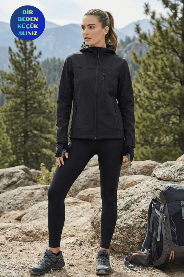 Kadın Mont İçi Polarlı Softshell Mont Su ve Rüzgar Geçirmez Kapüşonlu Spor Mont