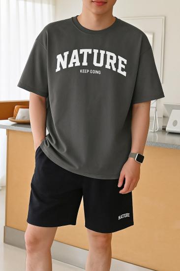 Erkek Tişört Baskılı Oversize T-shirt Pamuklu Tişört NATURE-OVERSİZE-Füme