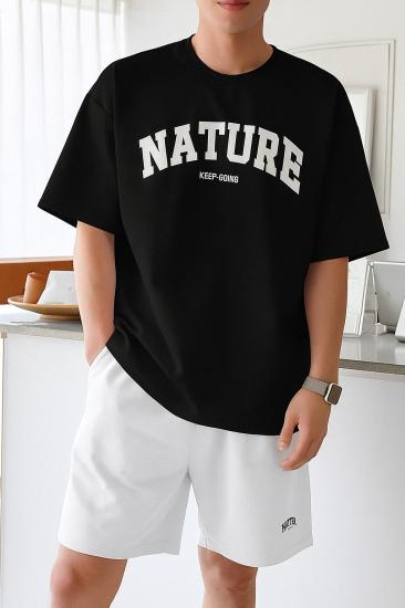 Erkek Tişört Baskılı Oversize T-shirt Pamuklu Tişört NATURE-OVERSİZE-Siyah