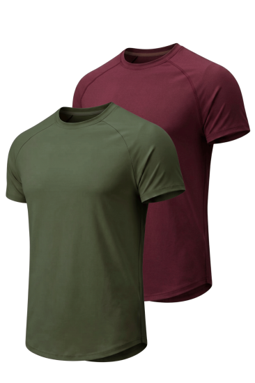 2’li Paket Erkek Spor Tişört Pamuklu Esnek Günlük Kullanıma Uygun Premium Rahat KalıpT-shirt-HAKİ-BORDO