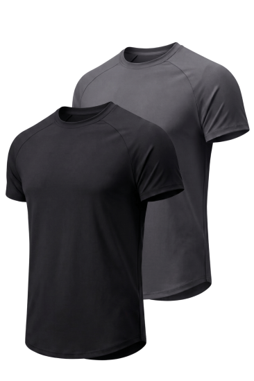 2’li Paket Erkek Spor Tişört Pamuklu Esnek Günlük Kullanıma Uygun Premium Rahat KalıpT-shirt-SİYAH-FÜME