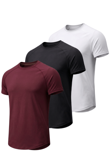 3’lü Paket Erkek Spor Tişört Pamuklu Esnek Günlük Kullanıma Uygun Premium Rahat KalıpT-shirt-BORDO-SİYAH-BEYAZ