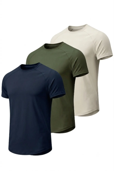 3’lü Paket Erkek Spor Tişört Pamuklu Esnek Günlük Kullanıma Uygun Premium Rahat KalıpT-shirt-HAKİ-TAŞ-LACİVERT