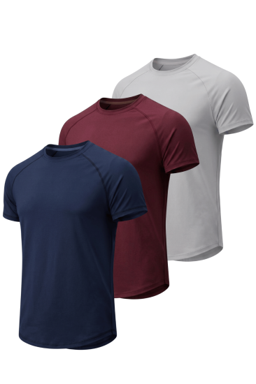 3’lü Paket Erkek Spor Tişört Pamuklu Esnek Günlük Kullanıma Uygun Premium Rahat KalıpT-shirt-LACİVERT-BORDO-GRİ