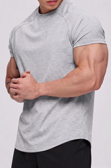 Erkek Spor Tişört Running Sports Gym Reglan Oval Kesim Penye T-shirt OVALT-SHİRT-Gri Melanj