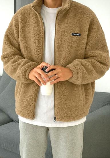 Oversize Peluş Tam Fermuarlı Sweatshirt Peluş İçi Polarlı Sherpa Kumaş Sweatshirt-Bej