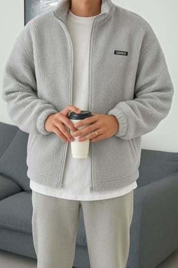 Oversize Peluş Tam Fermuarlı Sweatshirt Peluş İçi Polarlı Sherpa Kumaş Sweatshirt-Gri