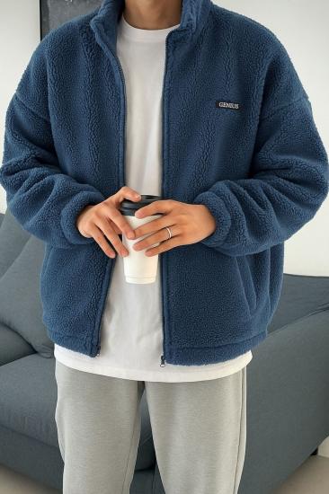 Oversize Peluş Tam Fermuarlı Sweatshirt Peluş İçi Polarlı Sherpa Kumaş Sweatshirt-İndigo