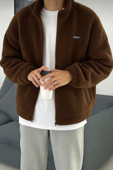 Oversize Peluş Tam Fermuarlı Sweatshirt Peluş İçi Polarlı Sherpa Kumaş Sweatshirt-Kahverengi