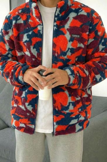 Oversize Peluş Tam Fermuarlı Sweatshirt Peluş İçi Polarlı Sherpa Kumaş Sweatshirt-Kırmızı