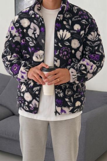 Oversize Peluş Tam Fermuarlı Sweatshirt Peluş İçi Polarlı Sherpa Kumaş Sweatshirt-MOR ÇİÇEK