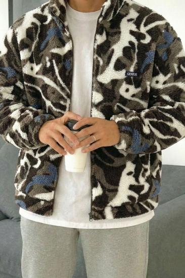 Oversize Peluş Tam Fermuarlı Sweatshirt Peluş İçi Polarlı Sherpa Kumaş Sweatshirt-Taş