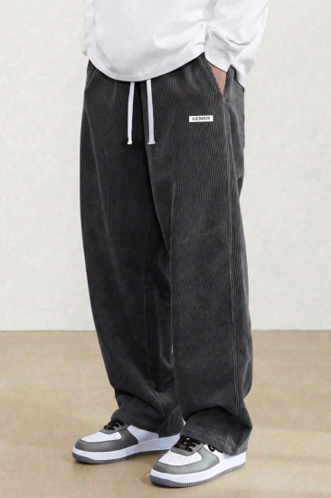 GENIUS Erkek Pantolon Fitilli Kadife Bol Paça Oversize Pantolon-Füme