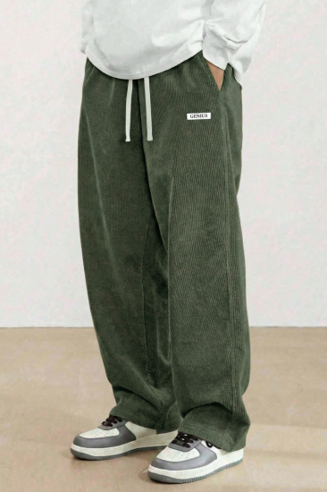 GENIUS Erkek Pantolon Fitilli Kadife Bol Paça Oversize Pantolon-Haki