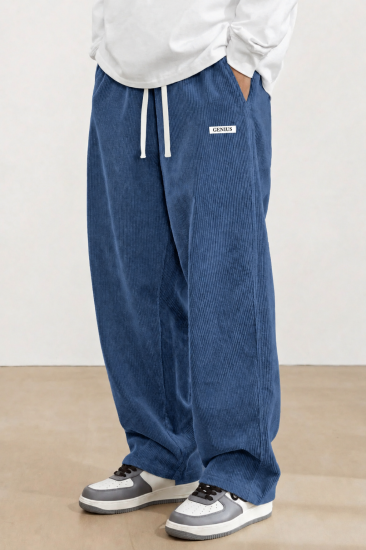 GENIUS Erkek Pantolon Fitilli Kadife Bol Paça Oversize Pantolon-İndigo