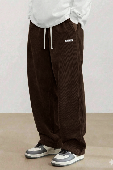 GENIUS Erkek Pantolon Fitilli Kadife Bol Paça Oversize Pantolon-Kahverengi