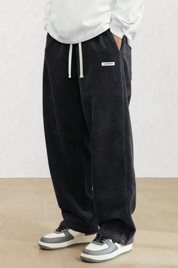 GENIUS Erkek Pantolon Fitilli Kadife Bol Paça Oversize Pantolon-Siyah