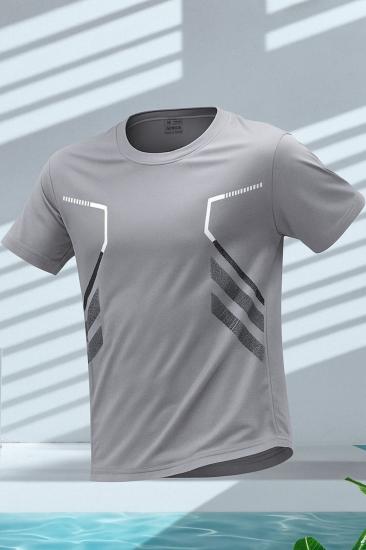 Erkek Spor Tişört Antreman Gym Polyester Erkek Sporcu T-shirt ŞERİTLİ-TİŞÖRT-Gri