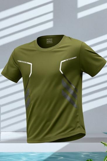 Erkek Spor Tişört Antreman Gym Polyester Erkek Sporcu T-shirt ŞERİTLİ-TİŞÖRT-Haki