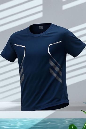 Erkek Spor Tişört Antreman Gym Polyester Erkek Sporcu T-shirt ŞERİTLİ-TİŞÖRT-Lacivert