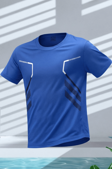 Erkek Spor Tişört Antreman Gym Polyester Erkek Sporcu T-shirt ŞERİTLİ-TİŞÖRT-Mavi