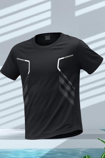 Erkek Spor Tişört Antreman Gym Polyester Erkek Sporcu T-shirt ŞERİTLİ-TİŞÖRT-Siyah