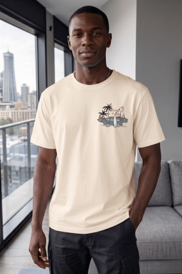 Erkek Tişört Pamuklu Kumaş Sırt Baskılı Tişört Sokak Modası Rahat Kalıp T-shirt-VOSVOS-BEJ