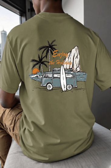 Erkek Tişört Pamuklu Kumaş Sırt Baskılı Tişört Sokak Modası Rahat Kalıp T-shirt-VOSVOS-HAKİ