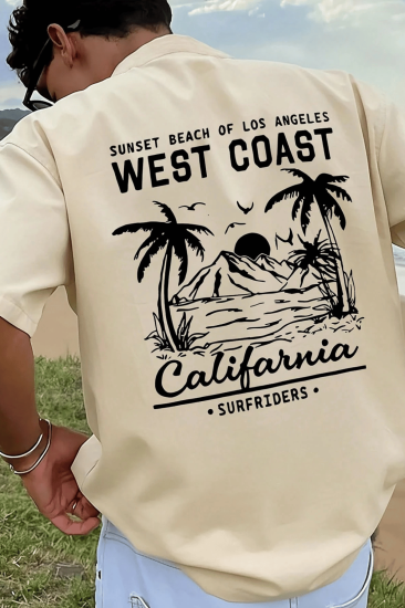 Erkek Tişört Pamuklu Kumaş Sırt Baskılı Tişört Sokak Modası Rahat Kalıp T-shirt-WEST-BEJ