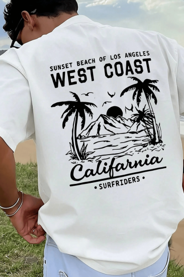 Erkek Tişört Pamuklu Kumaş Sırt Baskılı Tişört Sokak Modası Rahat Kalıp T-shirt-WEST-BEYAZ