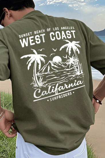 Erkek Tişört Pamuklu Kumaş Sırt Baskılı Tişört Sokak Modası Rahat Kalıp T-shirt-WEST-HAKİ