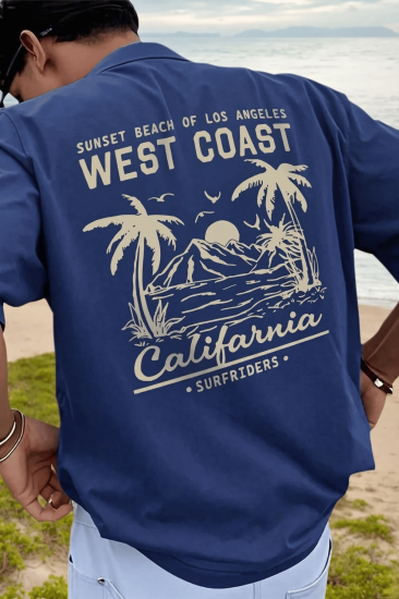 Erkek Tişört Pamuklu Kumaş Sırt Baskılı Tişört Sokak Modası Rahat Kalıp T-shirt-WEST-İNDİGO