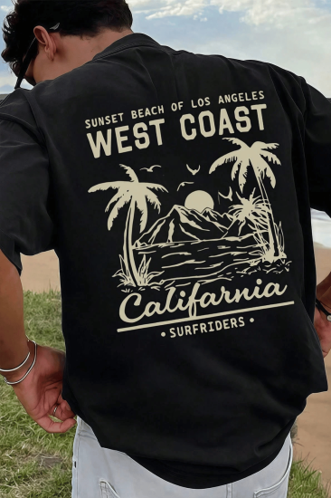 Erkek Tişört Pamuklu Kumaş Sırt Baskılı Tişört Sokak Modası Rahat Kalıp T-shirt-WEST-SİYAH