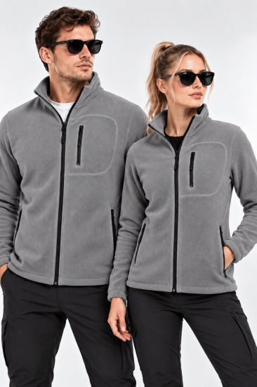 Unisex Polar Tam Fermuarlı 3 Cepli Tüylenme Yapmaz Soğuğa Karşı Dayanaklı Spor Erkek-Kadın Polar Tekli-Gri