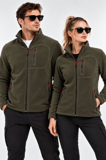 Unisex Polar Tam Fermuarlı 3 Cepli Tüylenme Yapmaz Soğuğa Karşı Dayanaklı Spor Erkek-Kadın Polar Tekli-Haki